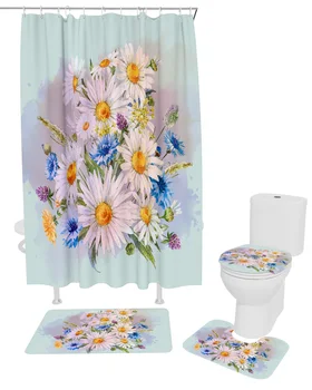 Цветы, маргаритки, Минималистичный комплект штор для душа, Нескользящие коврики, коврик для ванной, крышка унитаза, Водонепроницаемая занавеска для ванной из полиэстера