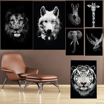 Черно-белая картина на холсте для гостиной, плакат с изображением тигра, носорога, жирафа, льва, декоративные картины с животными, находящимися под угрозой исчезновения