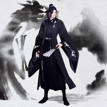 Японский самурай с вышивкой Черного дракона, фехтовальщик Ханфу, одежда в традиционном китайском стиле, длинный халат унисекс большого размера